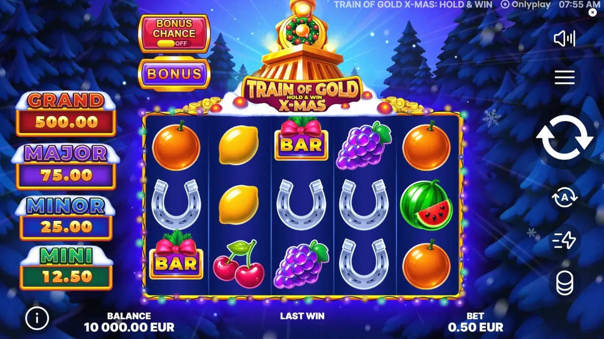 Tampilan visual meriah dari slot Train of Gold X-Mas dengan latar belakang musim dingin