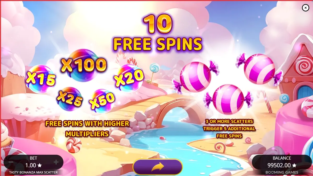 Tampilan visual penuh warna dari slot Tasty Bonanza Max Scatter dengan tema permen.
